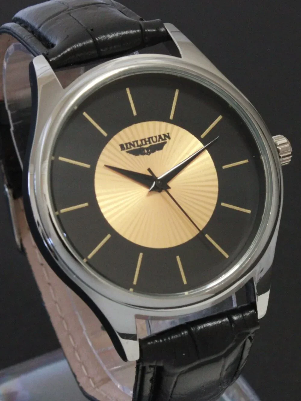 Men's Quartz Dress Watch Black Dial Gold Textured Insert Black Strap 42mm